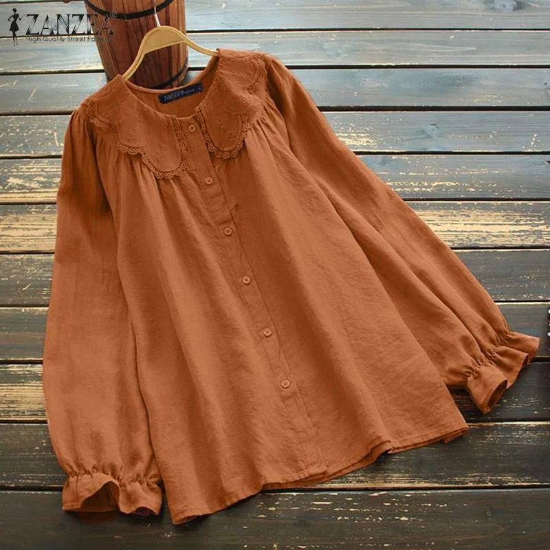 Oversized Tunic Tops ZANZEA Vintage Women Lace Crochet Blouse Spring Long Sleeve Buttons Shirt Solid Blusas Casual Loose Chemise