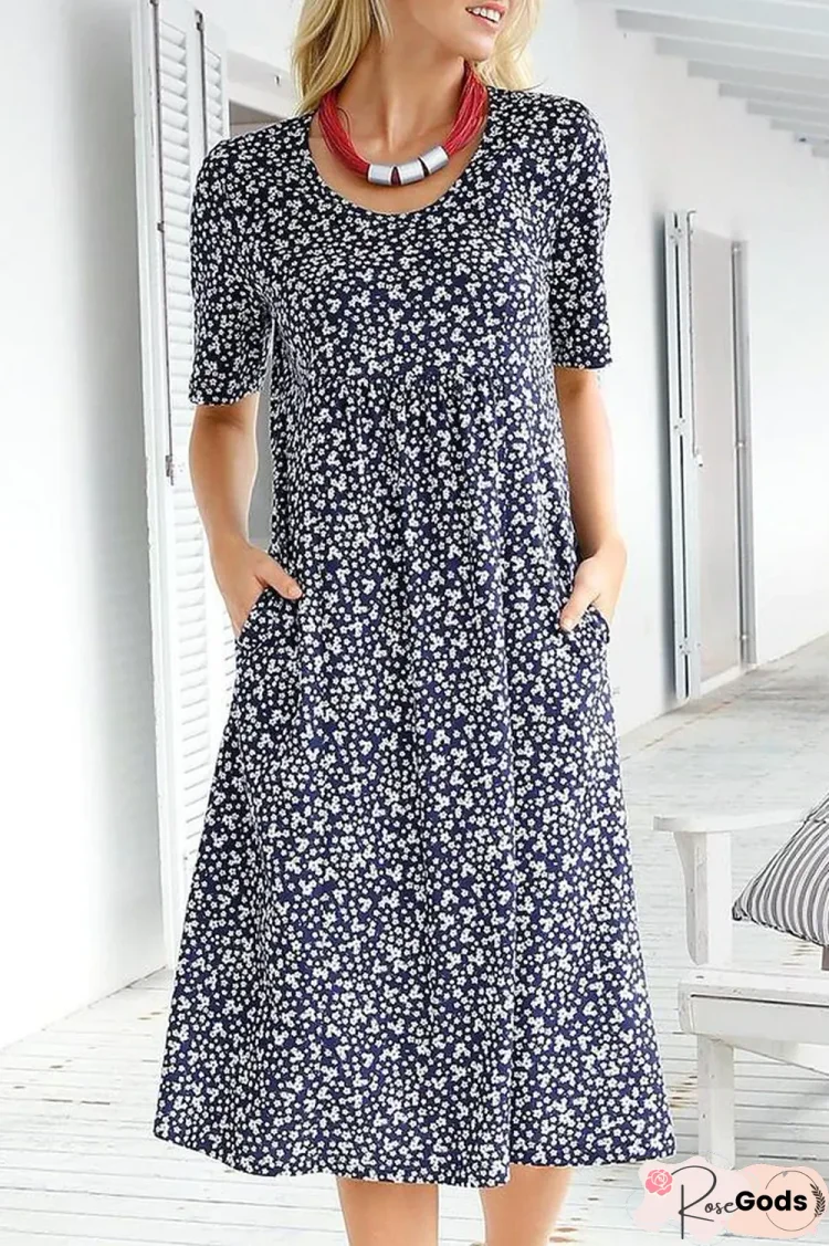 Casual Floral Print Short Sleeves Pockets Midi Dress