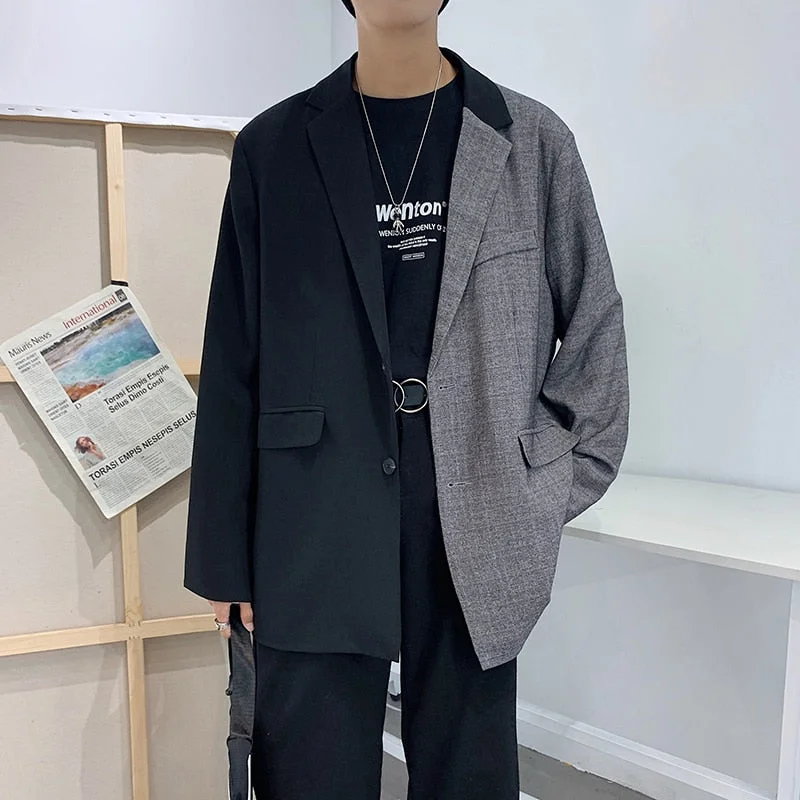 Woherb New Men's Blazer Spliced Oversized Suit Jacket Man Fashion Inspired Young Clothes Streetwear Patchwork Hip Hop Vintage Overshirt