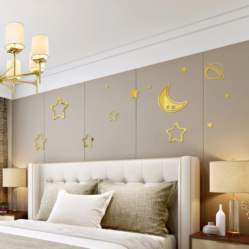 Acrylic Star Moon Planet 3D Mirror Wall Sticker Mirror Mural Acrylic Decals for Room Toilet Bathroom Stickers Wall Decor Mural