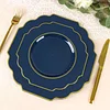 10 Pack | 8" Navy Blue Hard Plastic Dessert Appetizer Plates, Disposable Tableware, Baroque Heavy Duty Salad Plates with Gold Rim