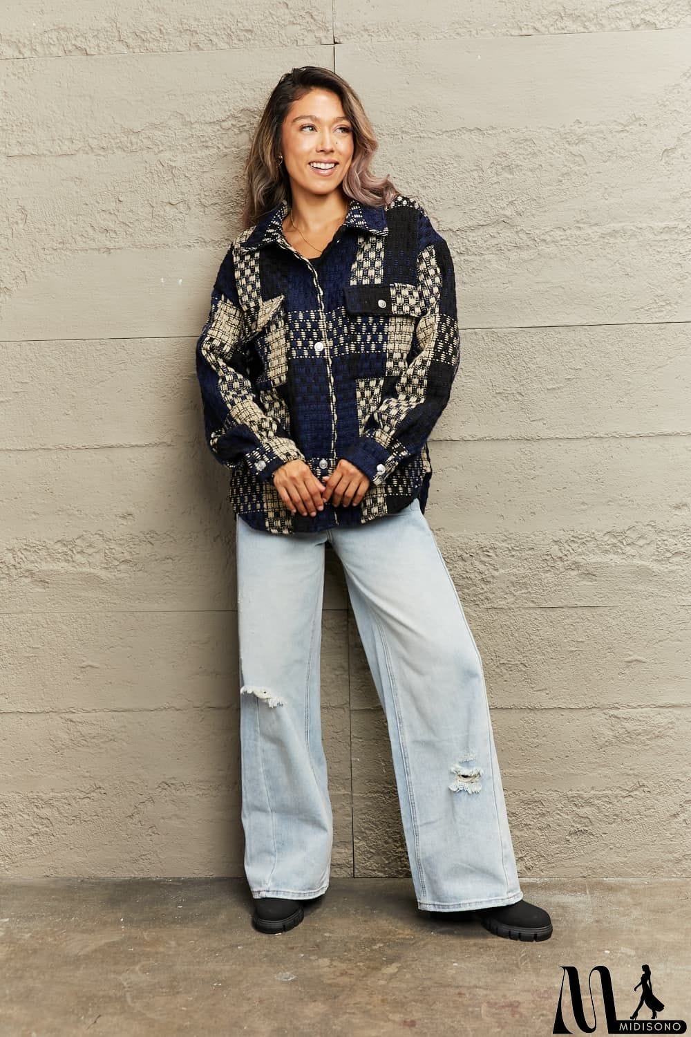 MidiSono - Plaid Collared Neck Drop Shoulder Jacket