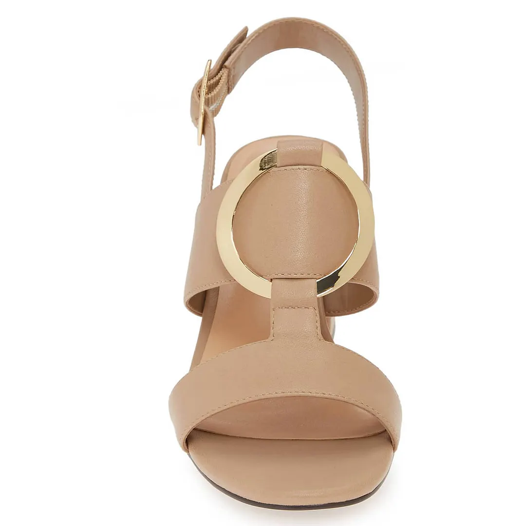 Nude Open Toe Block Heel Slingback Shoes Buckle Summer Sandals