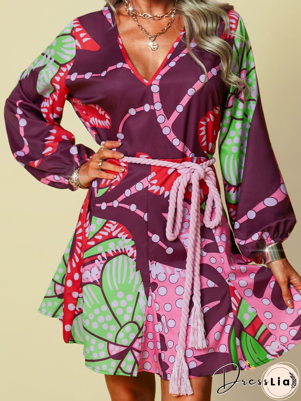 Floral Print Balloon Sleeve V-neck Weaving Dress