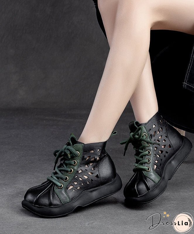 Retro Brown Cowhide Leather Splicing Lace Up Boots