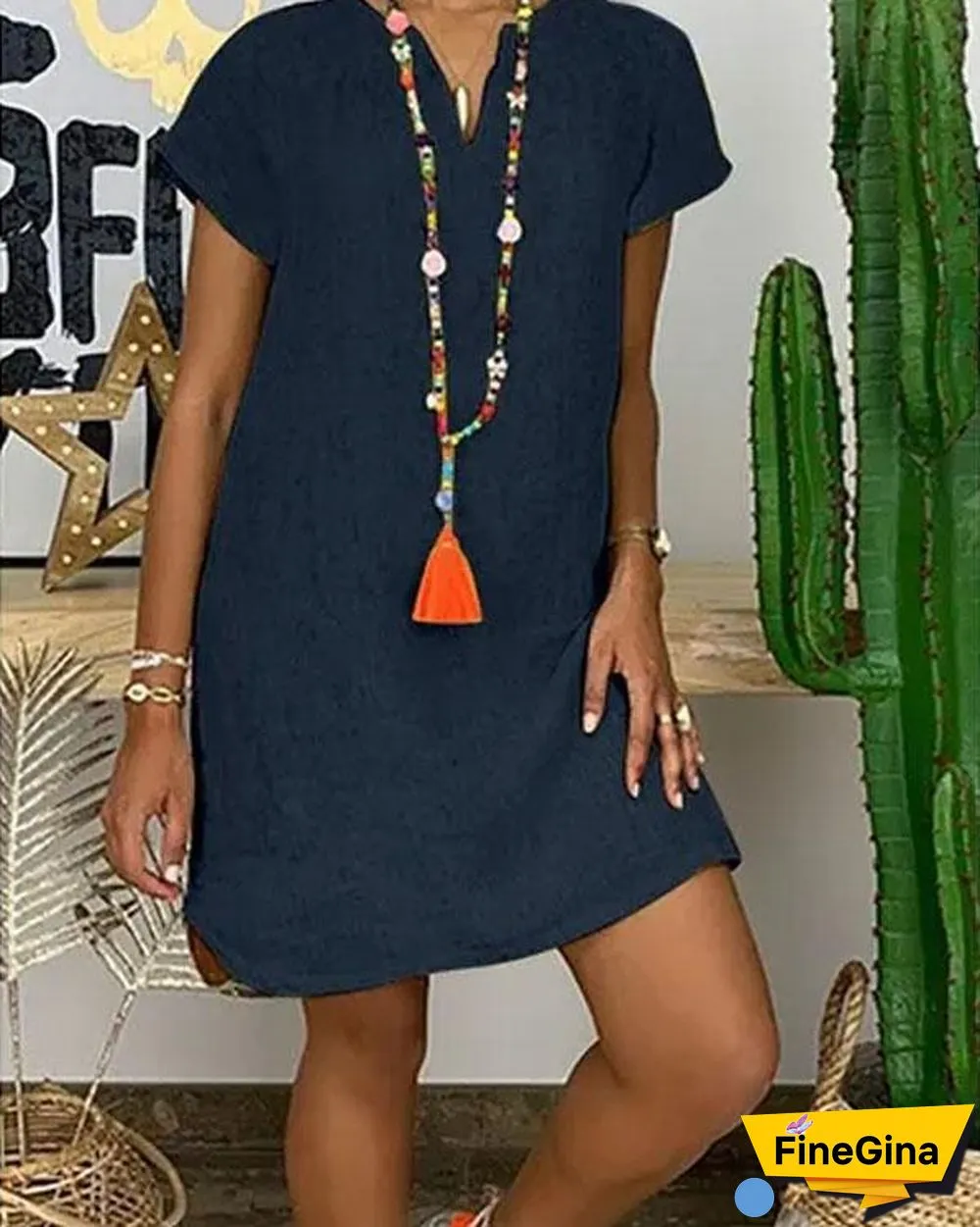 Simple V Neck Linen Mini Dress