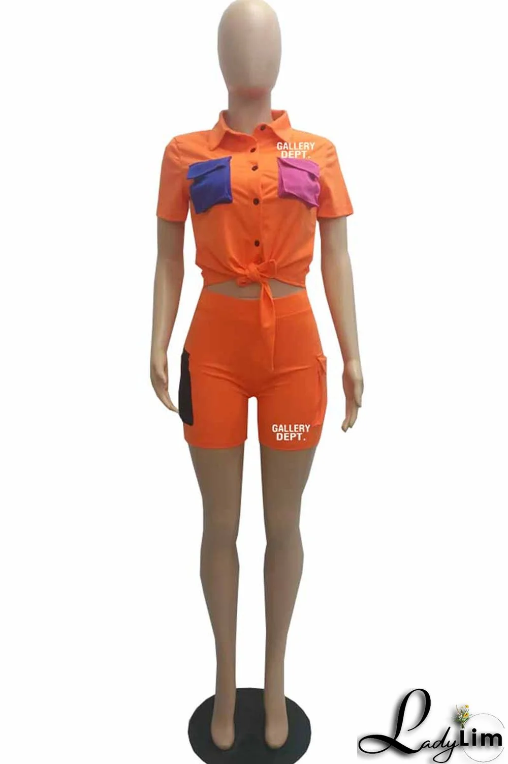 Orange Street Print Patchwork Letter Turndown Collar Short Sleeve Two Pieces