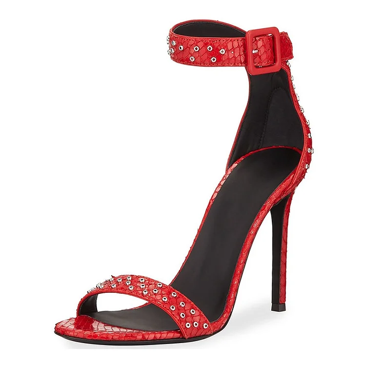 Red Snakeskin Studded Ankle Strap Sandals Stiletto Heel Sandals |FSJ Shoes