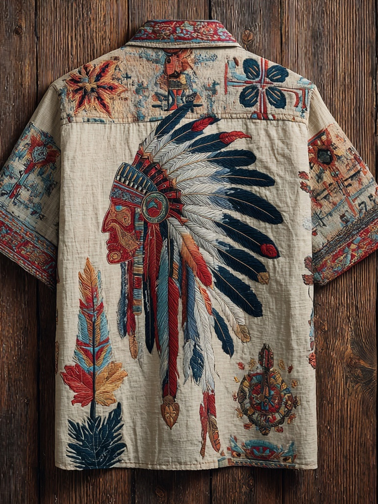 Comstylish Indian Feather Headdress & Flowers Patchwork Linen Shirt