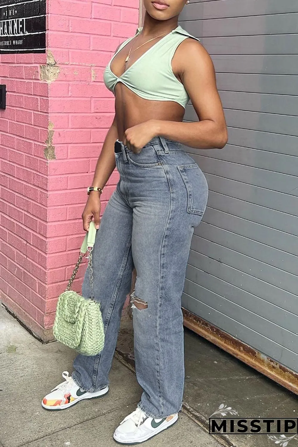 Blue Fashion Casual Solid Ripped High Waist Regular Denim Jeans