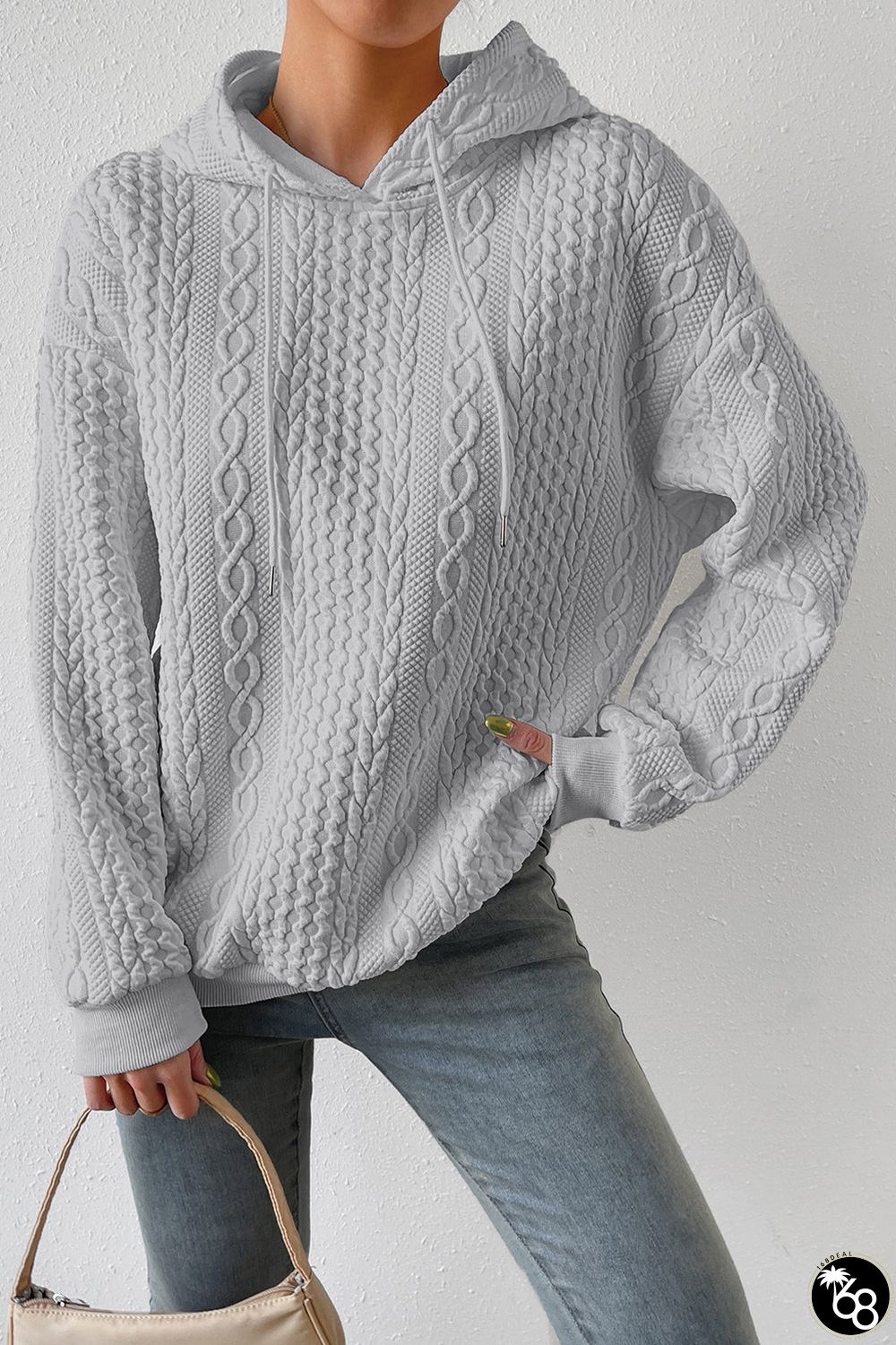 Cable Textured Casual Drawstring Hoodie | 168DEAL