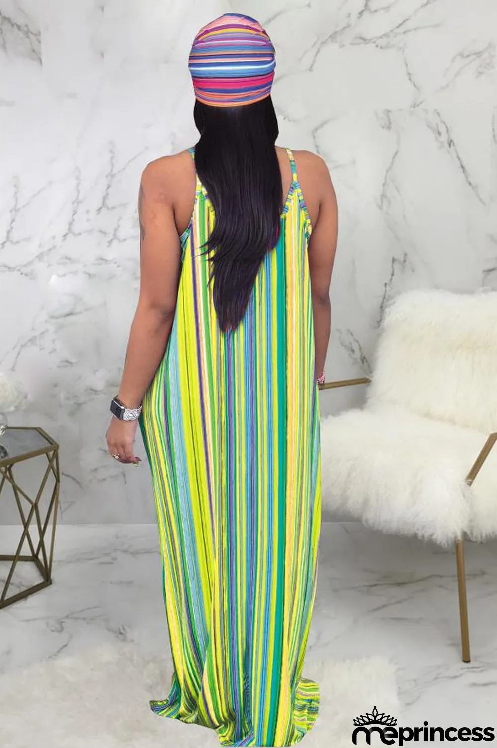 Green Polyester Sexy Fashion Tank Sleeveless Slip A-Line Floor-Length Print asymmetrical Striped Patchwork