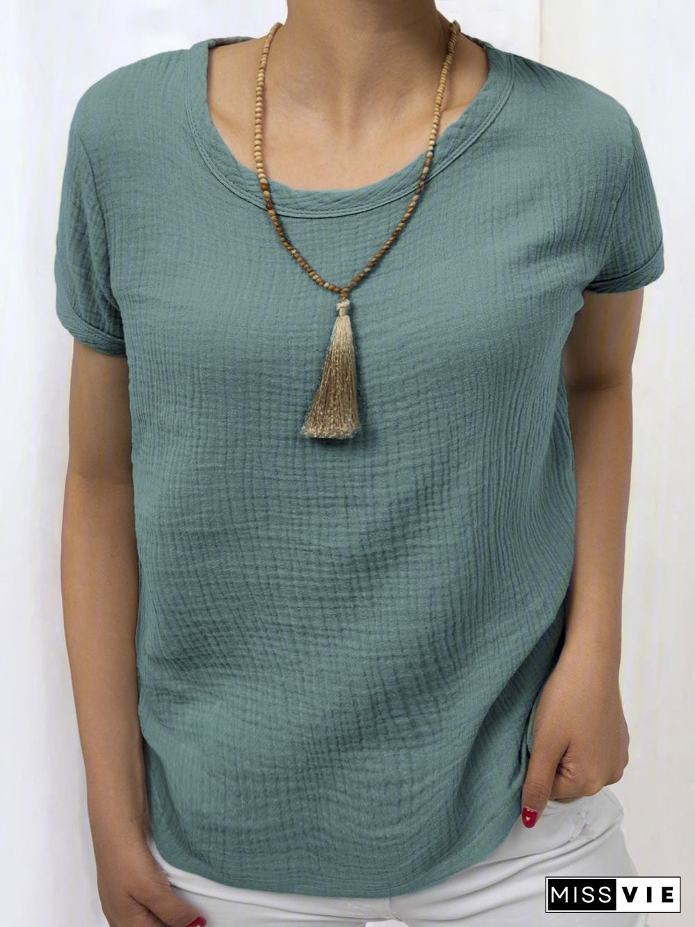 Women Casual Linen Cotton Plain Short Sleeve Blouses