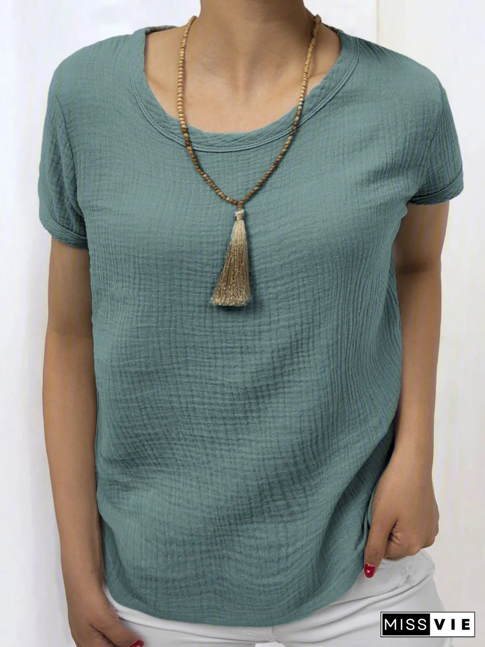 Women Casual Linen Cotton Plain Short Sleeve Blouses