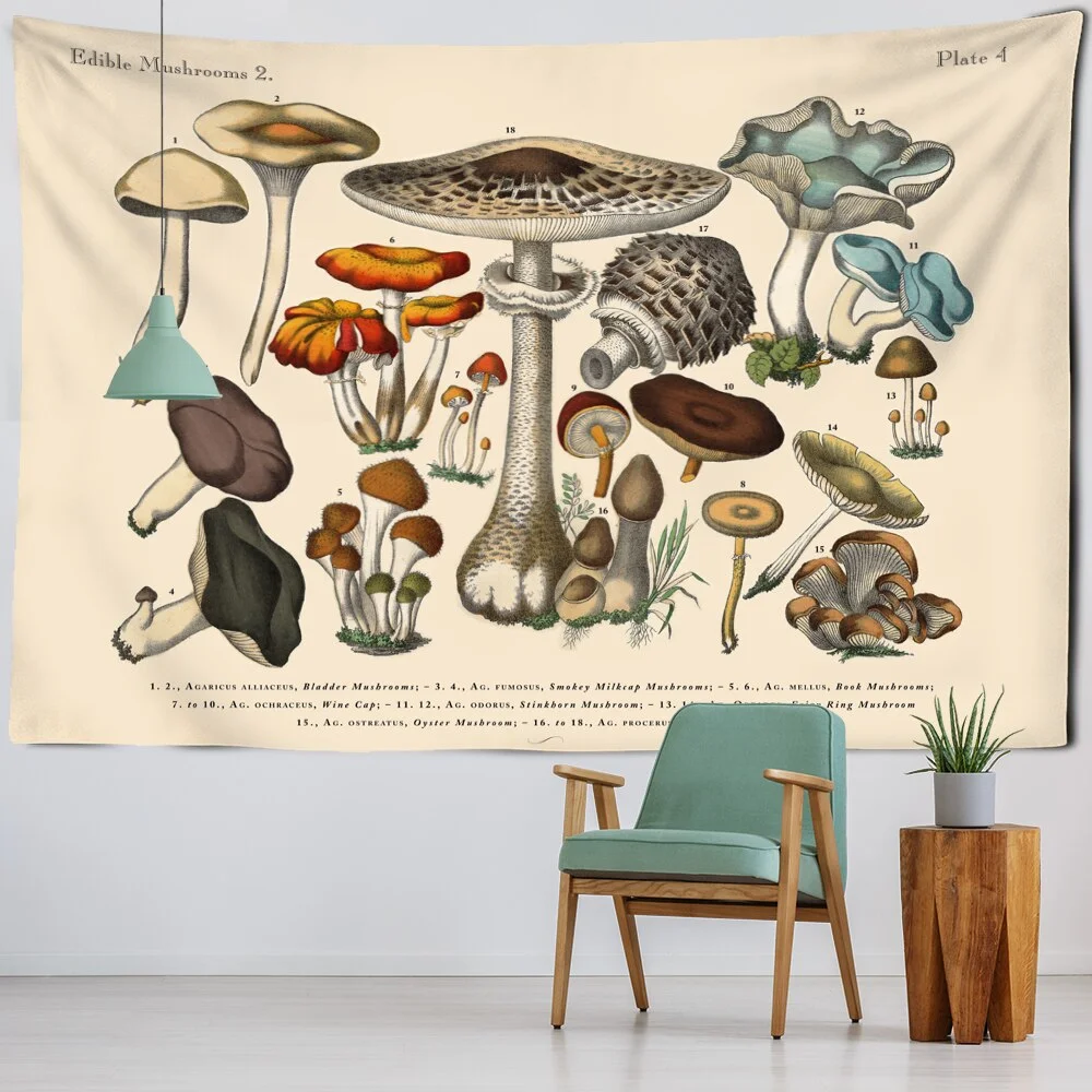 Mushroom Identification Chart Tapestry Wall Hanging Mycology Psychedelic Witchcraft Tarot Retro Home Decor