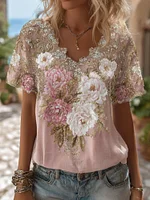 Women's Bohemian Pink And White Peony Embroidered Linen V-neck Short Sleeves