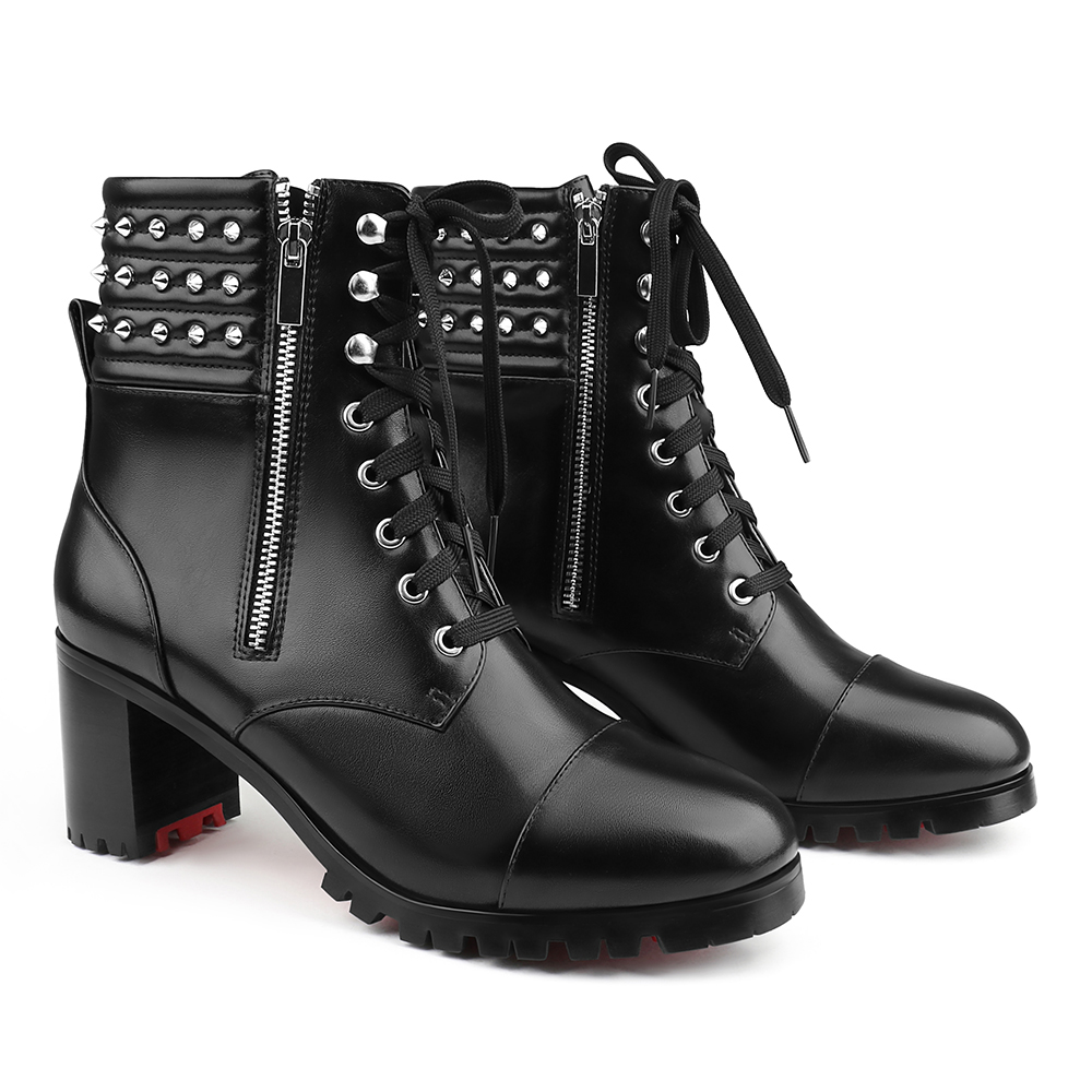 70mm/2.76 inch Women's Rivet Chunky Heel Boots Red Bottom Ankle Boots-MERUMOTE