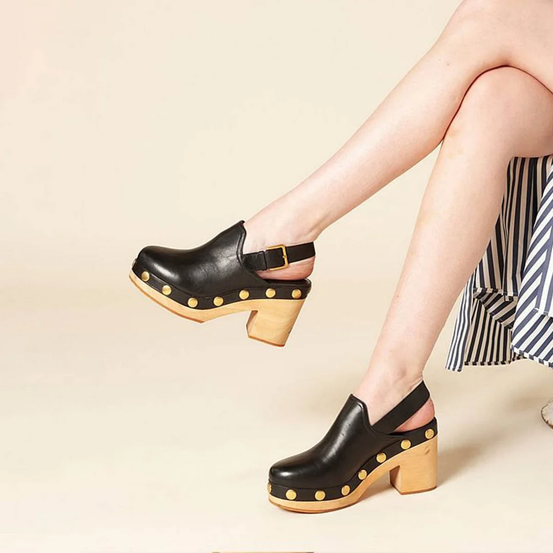 Classic Black Studded Round Toe Slingback Clog Heels with Platform