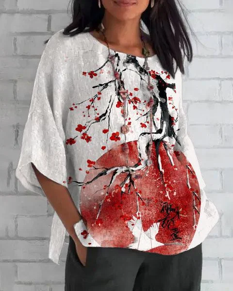 Crew Neck Full Moon Peach Blossom Art 3/4 Sleeve Shirt