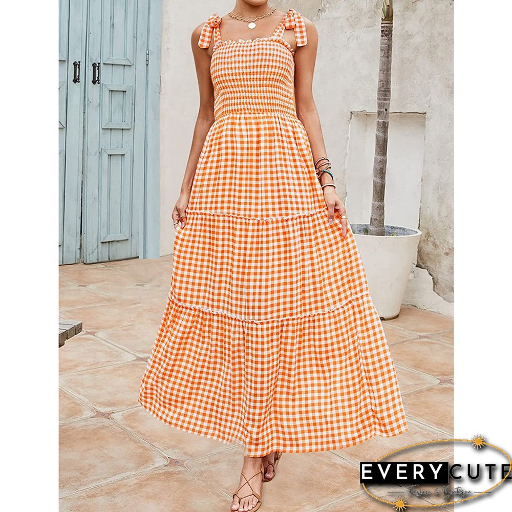 Orange Smocked Bohemia Plaid Print Tiered Maxi Dress