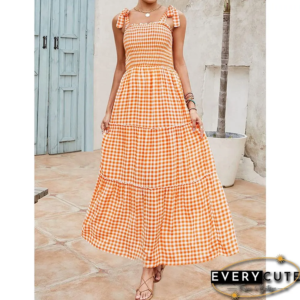 Orange Smocked Bohemia Plaid Print Tiered Maxi Dress
