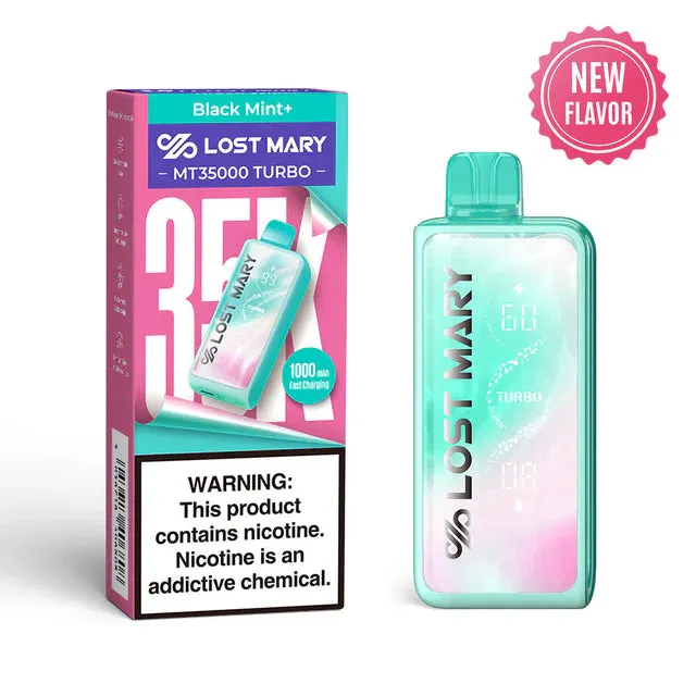 Lost Mary MT35000 Turbo disposable vape, Black Mint+ flavor, teal device with display, and packaging.