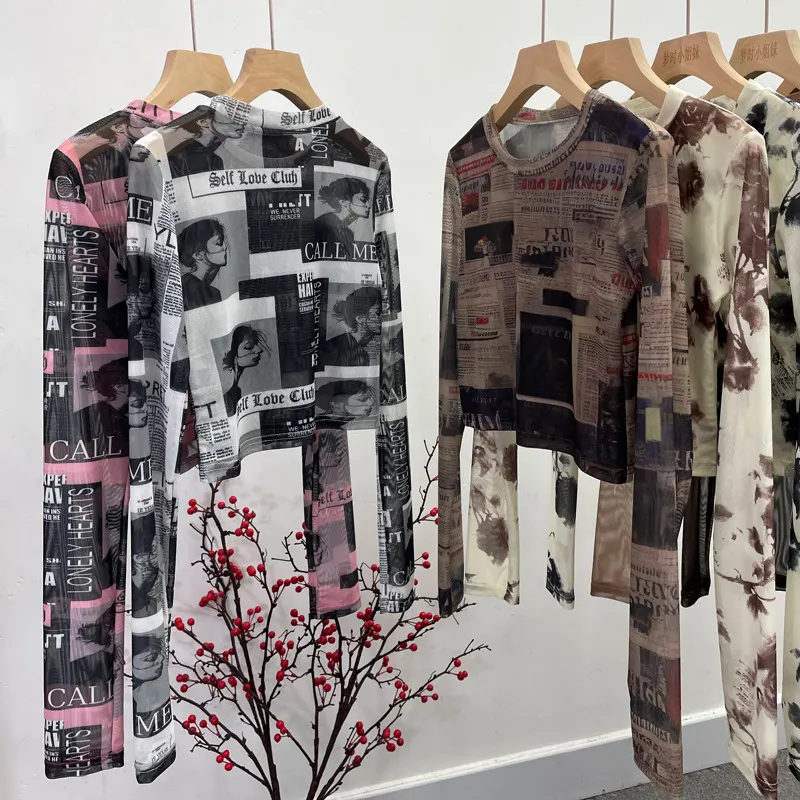 Churchf Real Shooting Front Double-Layer Tie-Dye Printing Mesh Long-Sleeved Top Short High-Waisted T-Shirt T-Shirt 8960