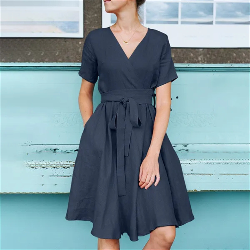 Rotimia Solid Color Short Sleeves Bow Belt Cotton Dress