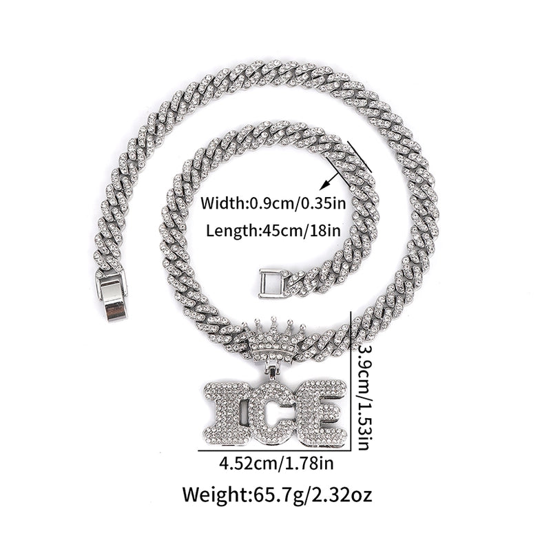 1PC New Arrival Gold Jewelry Man Silver Plated Color Letter ICE Charm Necklace Bling Bling Hip Hop Crown Design Jewelry With Cuban LInk Chain