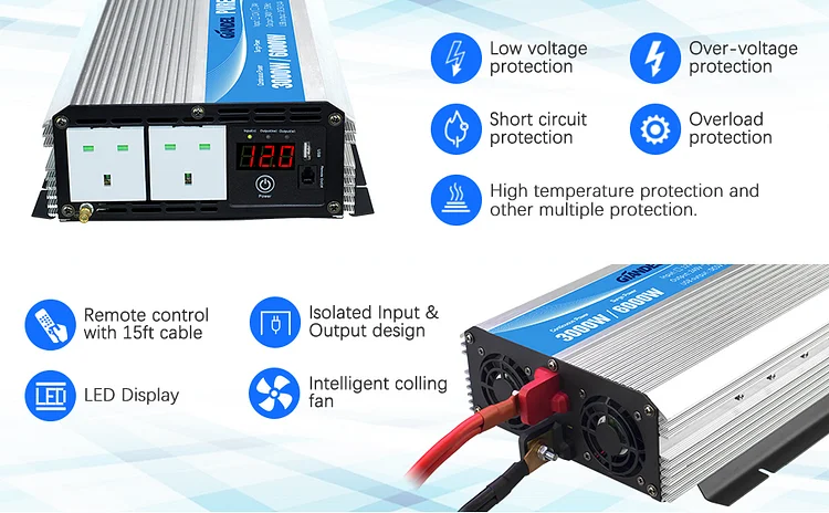 Pour la France】3000W Pure Sine Wave Power Inverter DC 12V to AC 240V  converter with Remote Dual AC Outlets&LED display for RV Truck car home use  GIANDEL