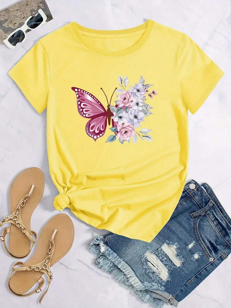 AL™ Butterfly Print T-Shirt,Spring & Summer For Nature Lover Casual Crew Neck Short Sleeve T-Shirt Tee -xn-0611-7-Annaletters