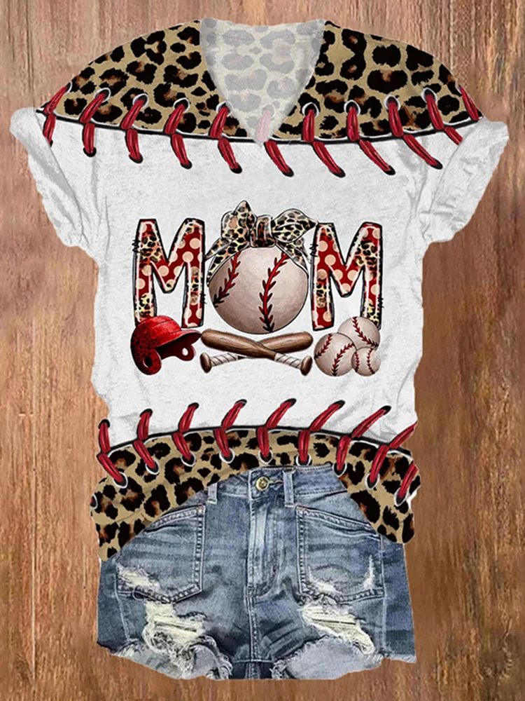 Women's Mother's Day Mom Baseball Leopard Print V-Neck T-Shirt