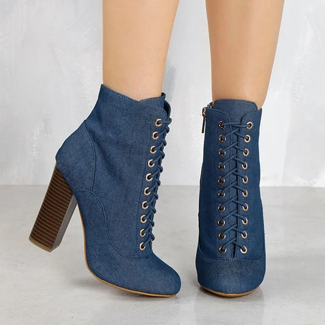 Blue Lace Up Denim Pointy Toe Ankle Boots Vdcoo