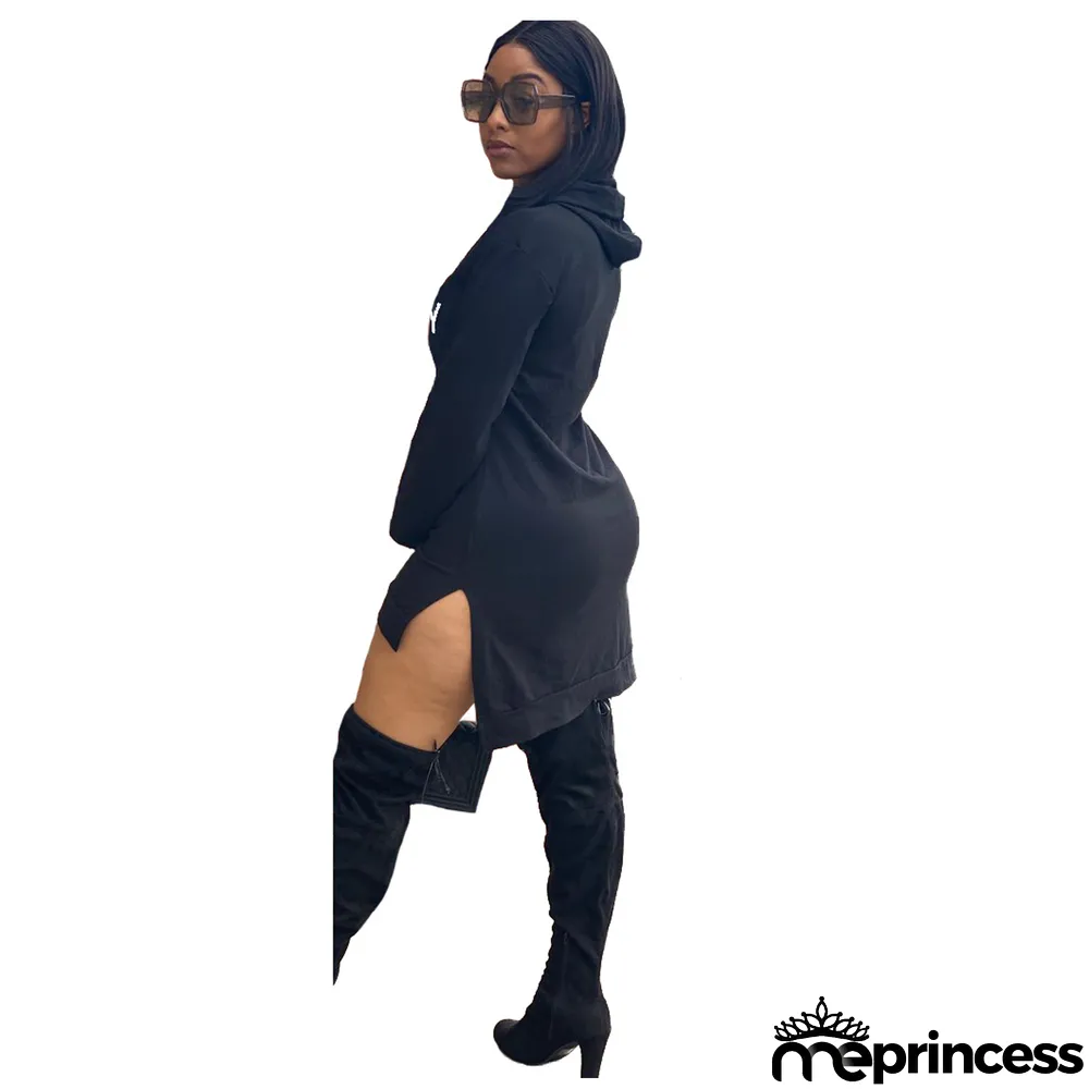 Women Fashion Sexy Print Letter Casual Solid Color Hooded Dress
