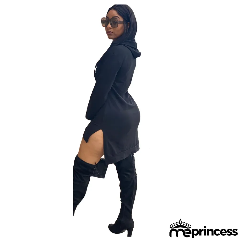 Women Fashion Sexy Print Letter Casual Solid Color Hooded Dress