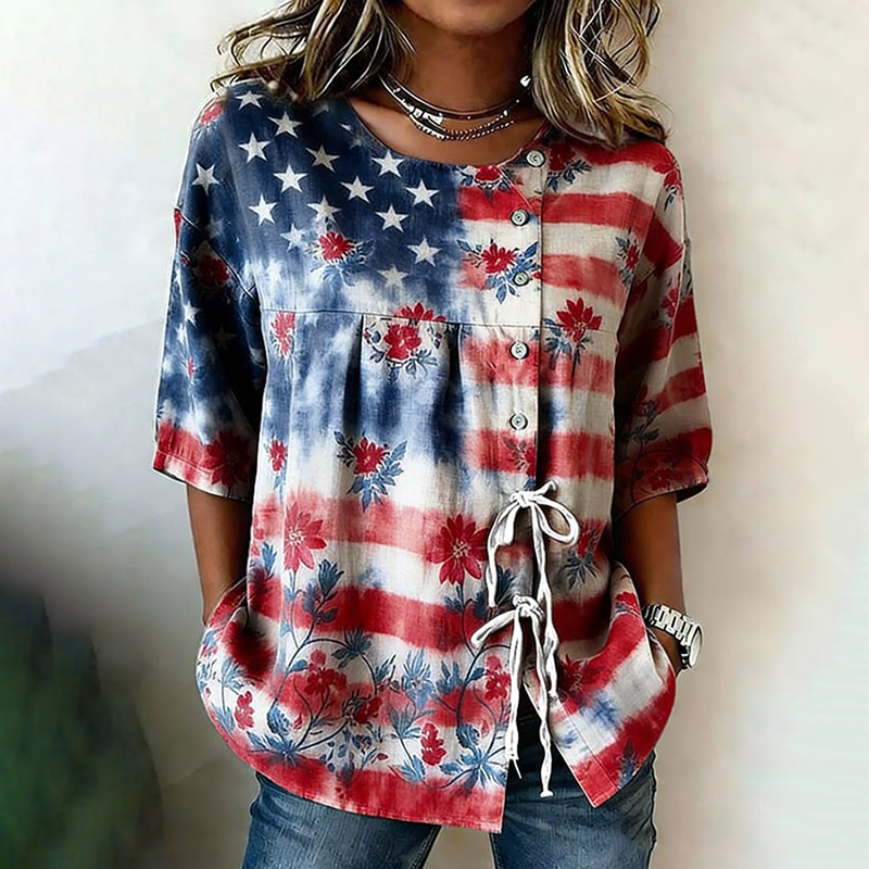 Comstylish Women's Independence Day Anniversary Botanical Floral Digital Print Cotton Shirt