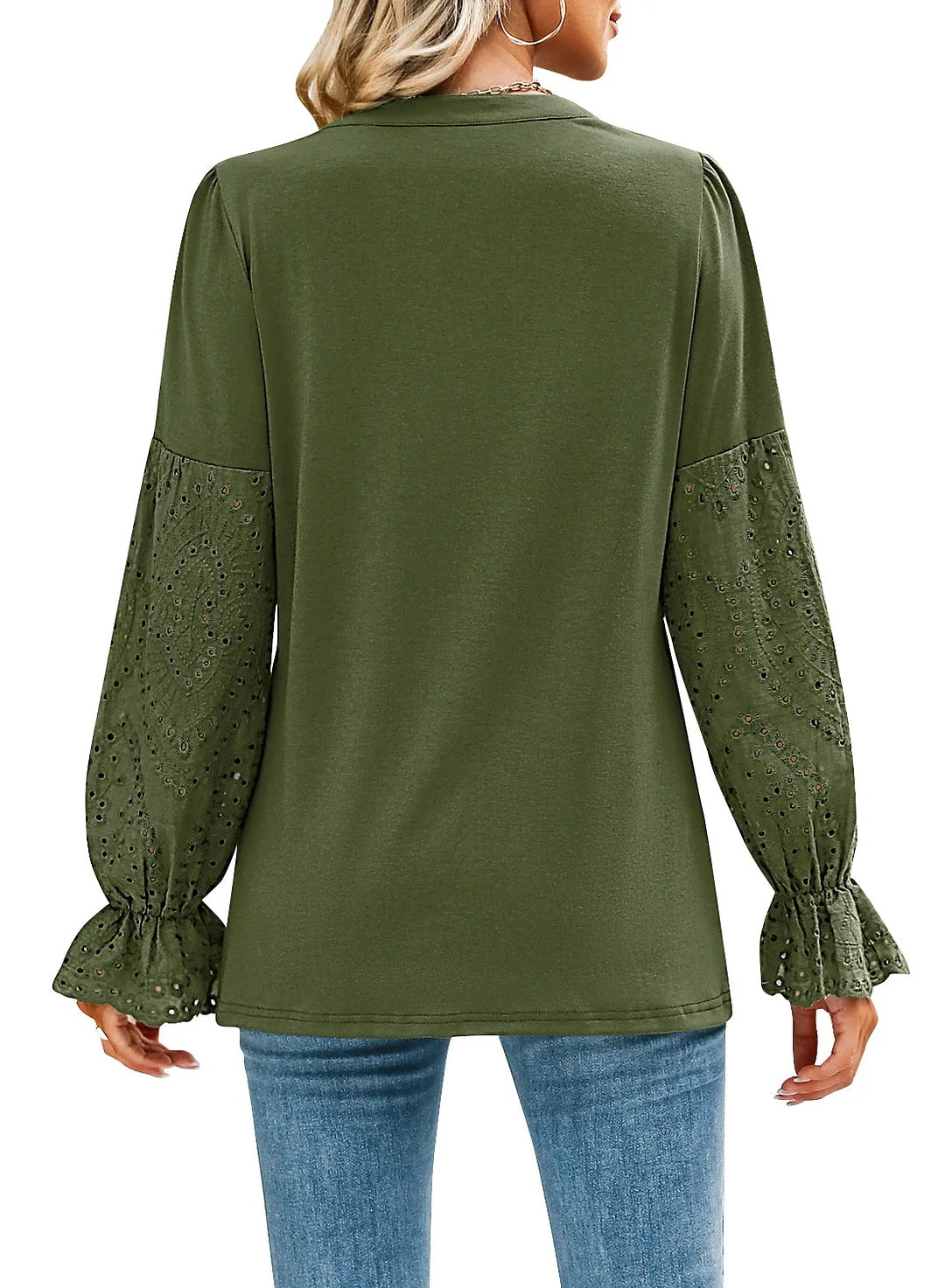 MIHOLL Women V Neck Long Sleeve Shirt Lace Crochet Loose Casual Top Blouse