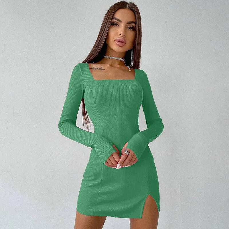 Hugcitar Green Solid Ribbed Long Sleeves Square Neck Mini Dress 2021 Fall Bodycon Sexy Party Club Elegant Y2K