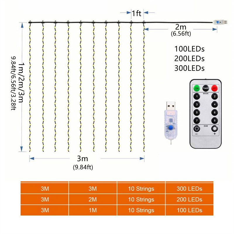 Tegooe USB Powered LED Curtain String Lights with Remote - 8 Modes