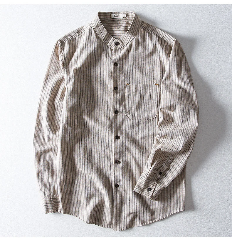 2021 stand-collar striped cotton and linen casual shirt