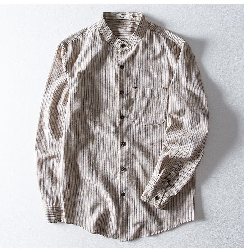 2021 stand-collar striped cotton and linen casual shirt