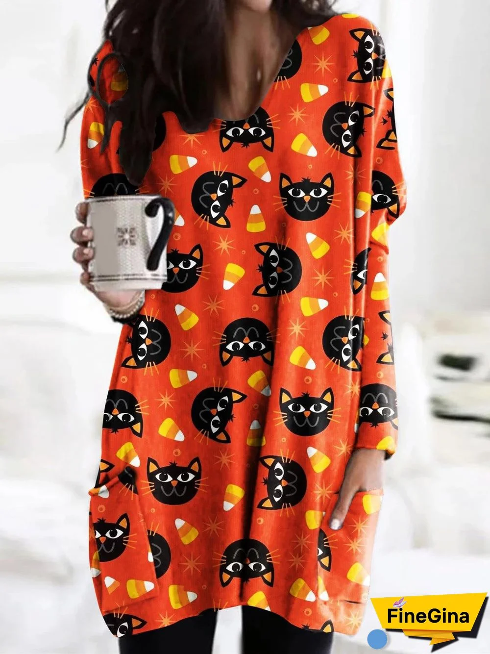 Women's  Halloween Graphic Printed V-Neck Long Sleeve Maxi Dress