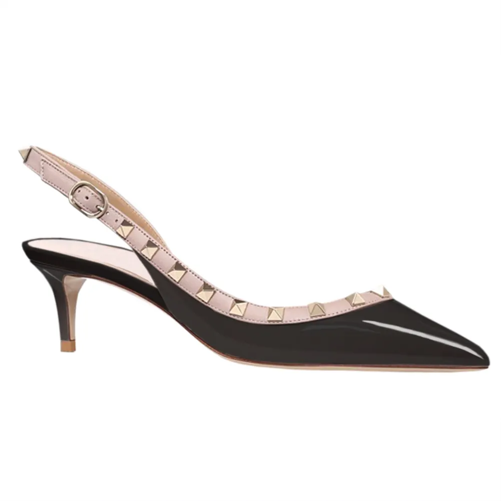 60mm Women's Midd Heels Pumps Rivets Buckle Closure Black Sandals-vocosishoes