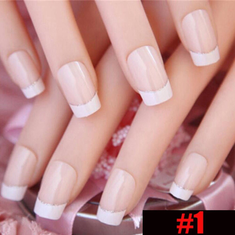 24 PCS Acrylic False Nails Full Cover Plastic Fake Nails Art Tips French Manicure Salon With Double sided adhesive nail Art 515-1