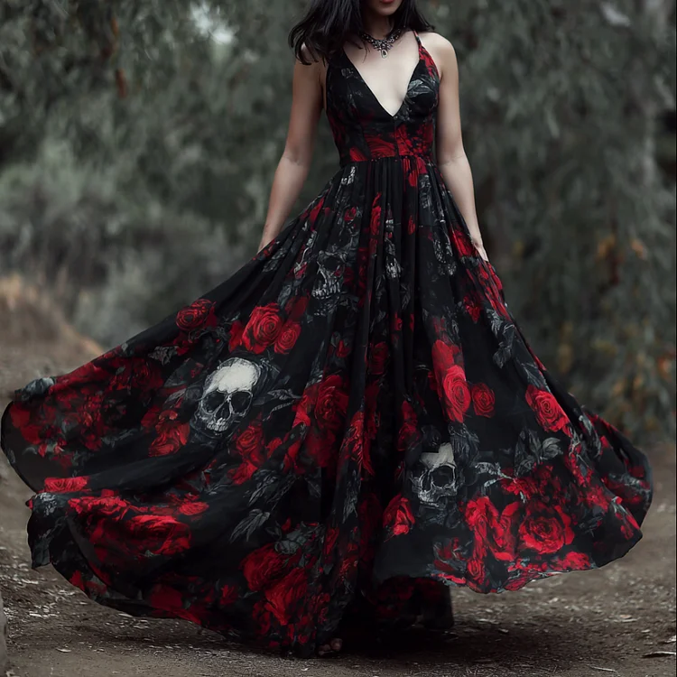 Halloween Gothic Dark Style Skeleton Element Women's V-neck Long Dress