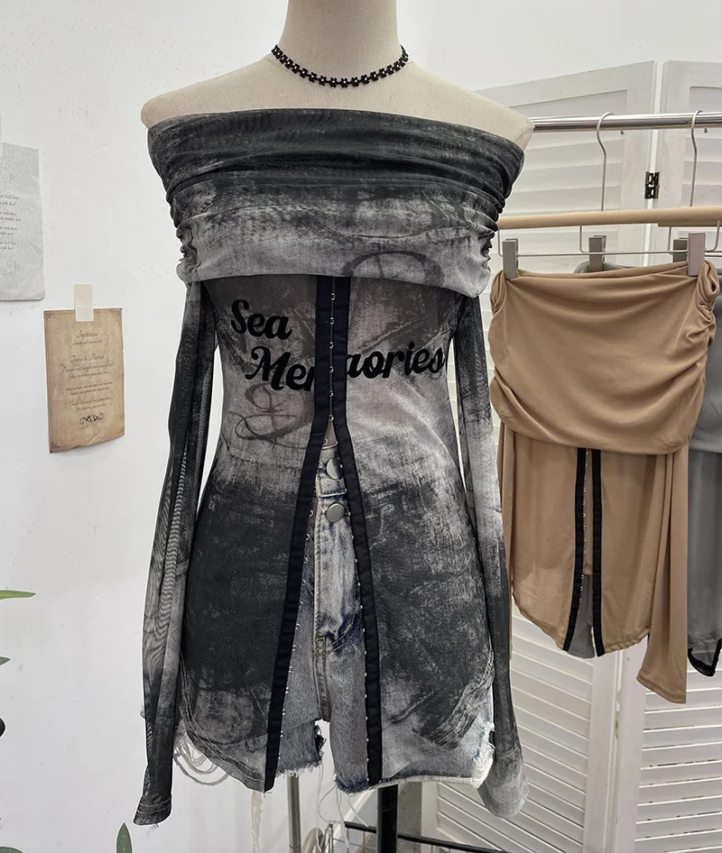 Nigikala Nigikala Picts Single-Layer Mesh Yarn Micro-Sleeved T-Shirt Word Shoulder-Pollid Letter Open Fork Top 1180