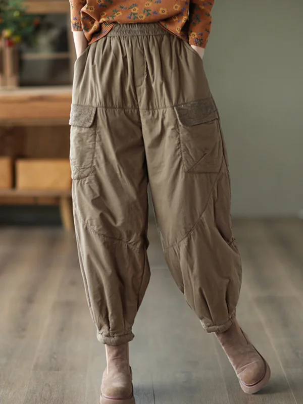 Vintage Loose Split-Joint Solid Color Elastic Waist Padded Harem Pants