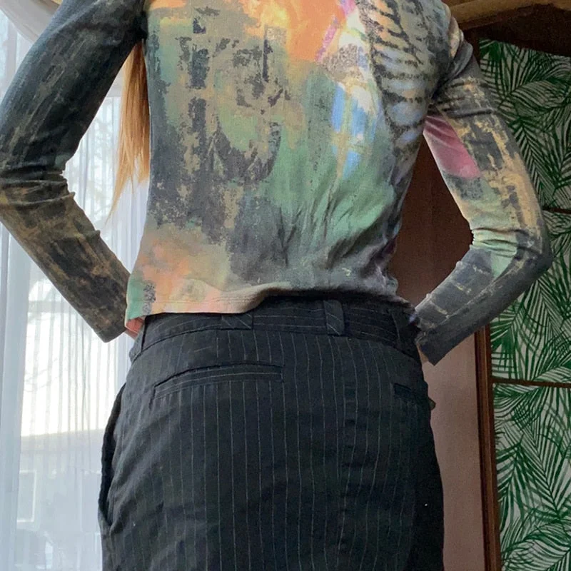 Rapcopter Vintage Print T Shirt Long Sleeve y2k Crop Top O Neck Harajuku Tee Tops Women Korean Basic Tee 90s Fashion Pullovers