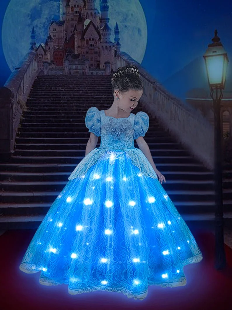 Light Up Cinderella Princess Lace Dress Up Costume for Girls Party - UPORPOR