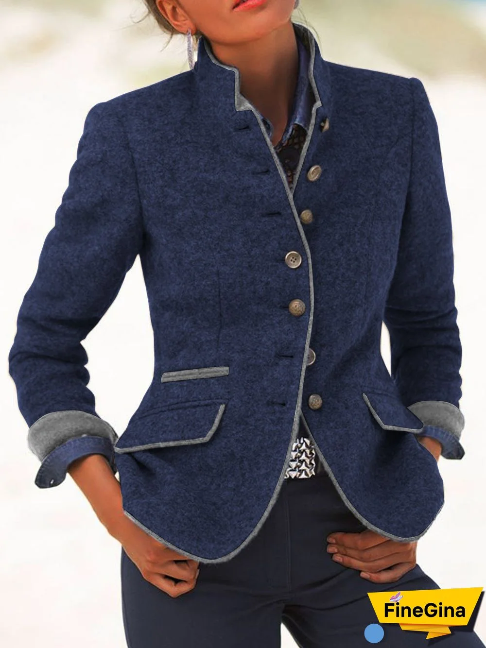 Solid Vintage Blazer Plus Size Stand Collar Jackets